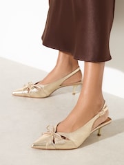 Friends Like These Gold Faux Leather Cut Out Pointed Toe Bow Detail Slingback Occasion Court Shoes - Image 3 of 5