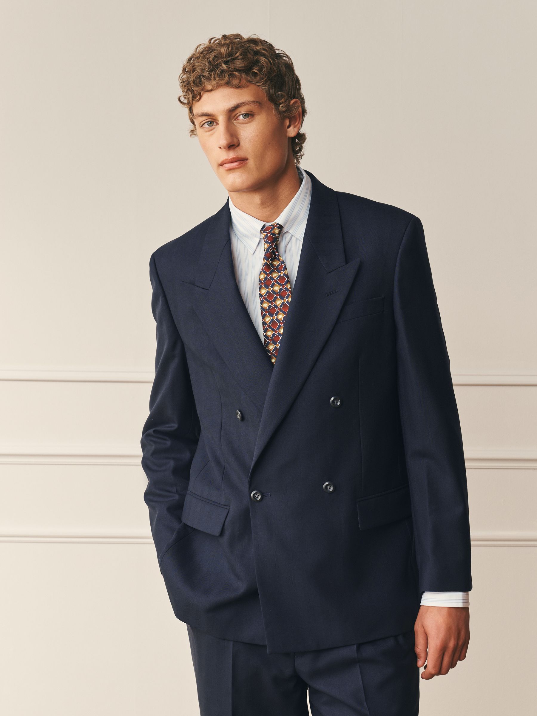 Buy Navy Relaxed Fit Archive Wool Blend Herringbone Texture Suit