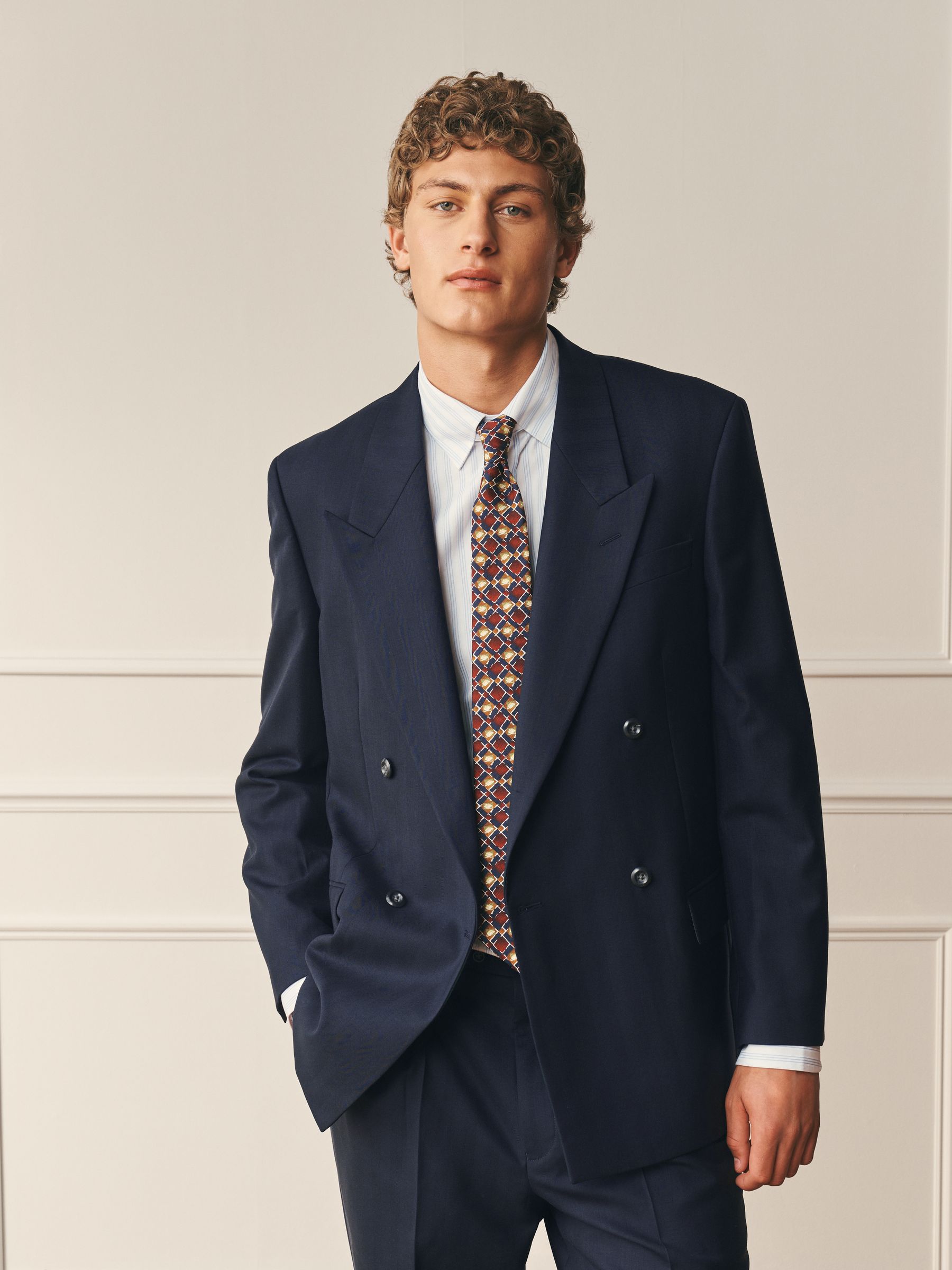 Buy Navy Relaxed Fit Archive Wool Blend Herringbone Texture Suit