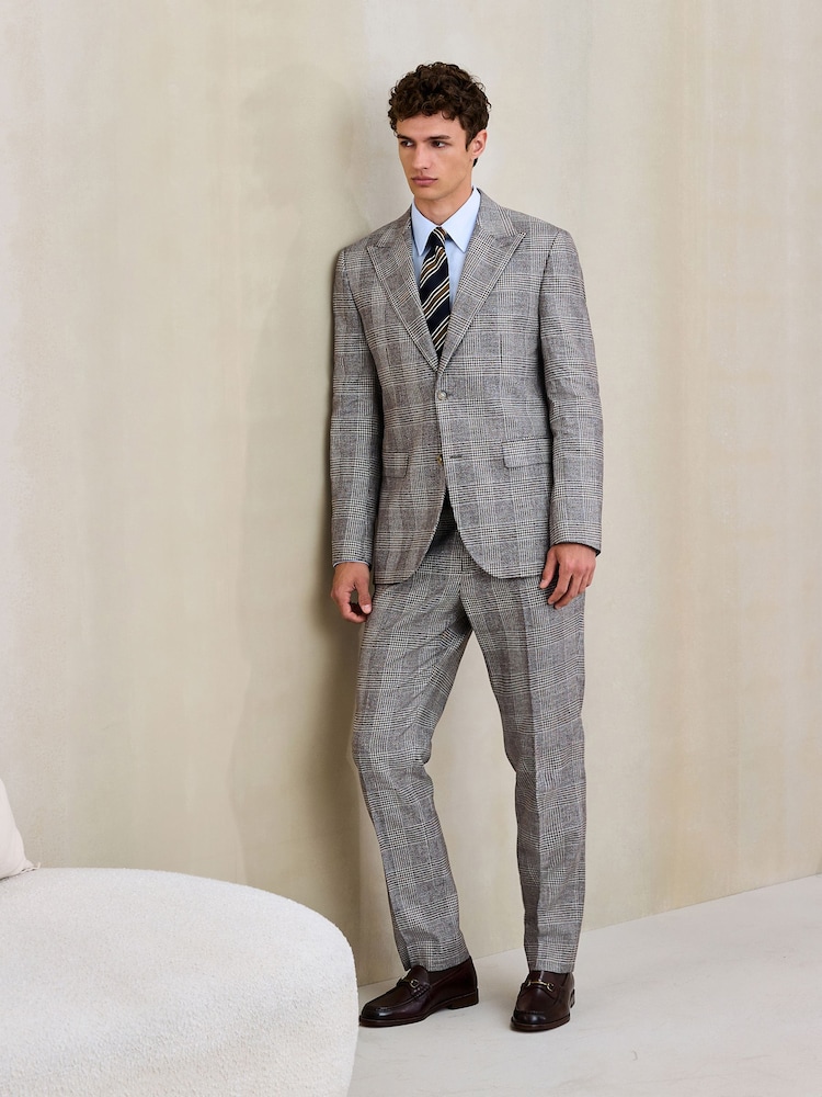 Grey Tailored Fit Cotton Linen Check Suit Jacket - Image 2 of 5 Grey Tailored Fit Cotton Linen Check Suit Jacket - Image 2 of 5