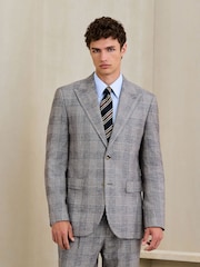 Grey Tailored Fit Cotton Linen Check Suit Jacket - Image 3 of 5