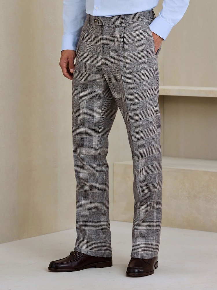Grey Tailored Fit Cotton Linen Check Suit Trousers - Image 1 of 4