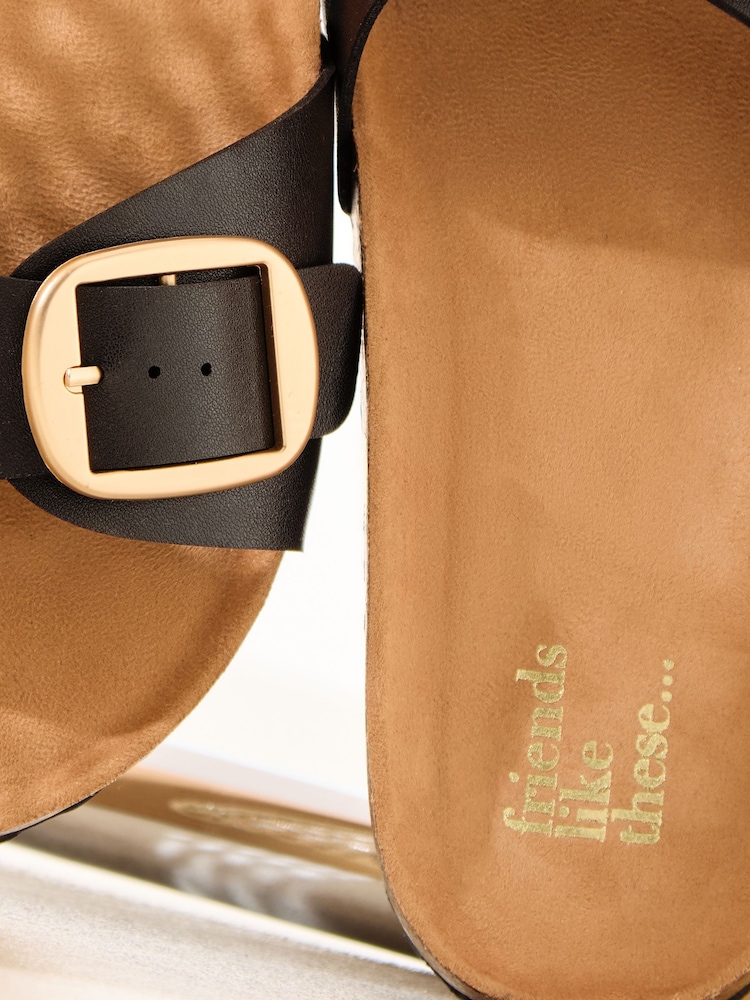 Friends Like These Black Faux Leather Single Strap Buckle Detail Casual Footbed Sandals - Image 2 of 5