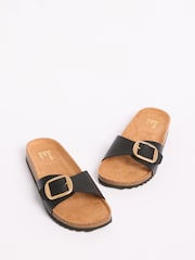 Friends Like These Black Faux Leather Single Strap Buckle Detail Casual Footbed Sandals - Image 4 of 5