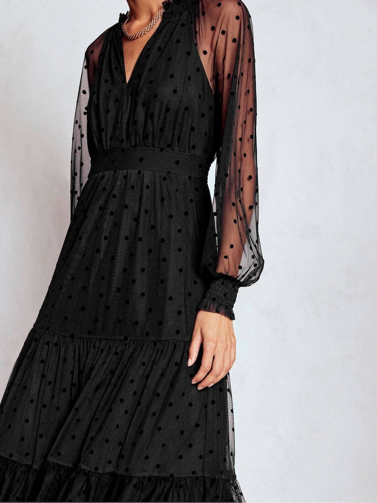 black long sleeve dress velvet Long Sleeve Damask Burnout Velvet Midi Dress In Black