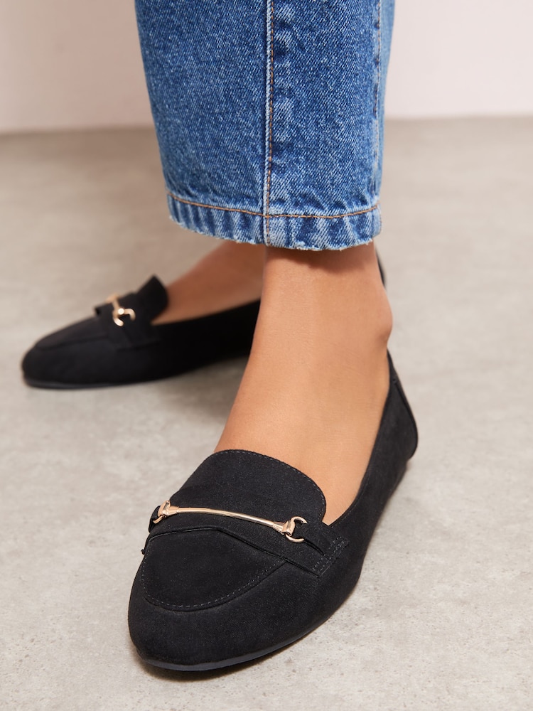 Friends Like These Black Wide Fit Faux Suede Snaffle Detail Smart Flat Loafers - Image 1 of 5 Friends Like These Black Wide Fit Faux Suede Snaffle Detail Smart Flat Loafers - Image 1 of 5