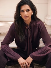 Mint Velvet Red Burgundy Satin Tie Neck Blouse - Image 2 of 8