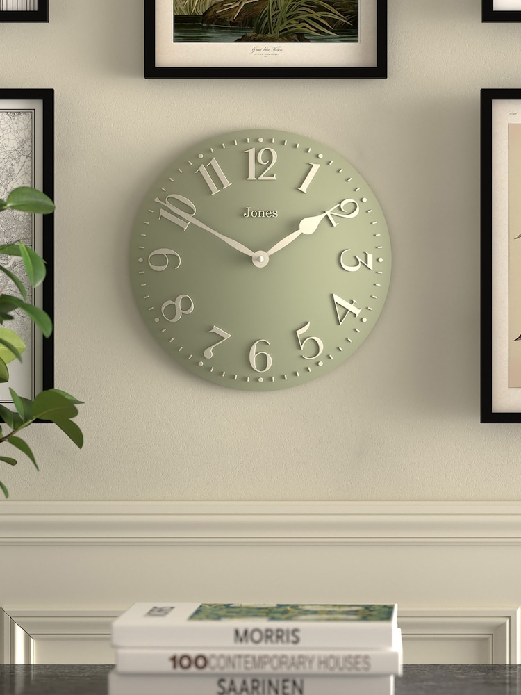Jones Clocks Sage Green Betty Convex Wall Clock 30cm - Image 1 of 4 Jones Clocks Sage Green Betty Convex Wall Clock 30cm - Image 1 of 4