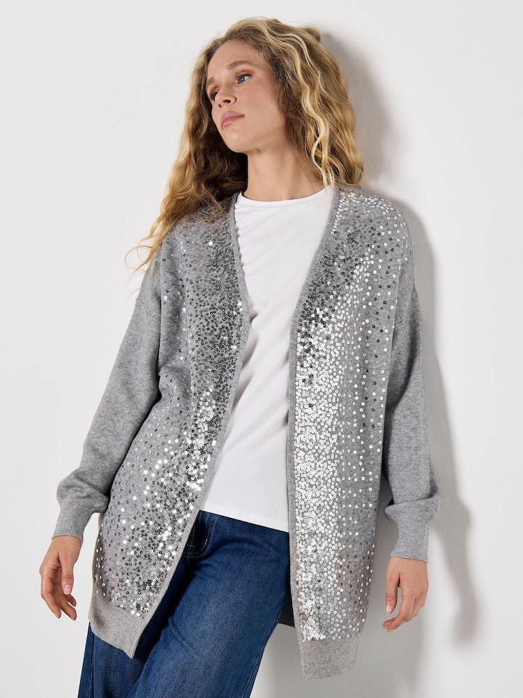 Apricot Grey Sequin Edge Cardigan - Image 2 of 4 Apricot Grey Sequin Edge Cardigan - Image 2 of 4
