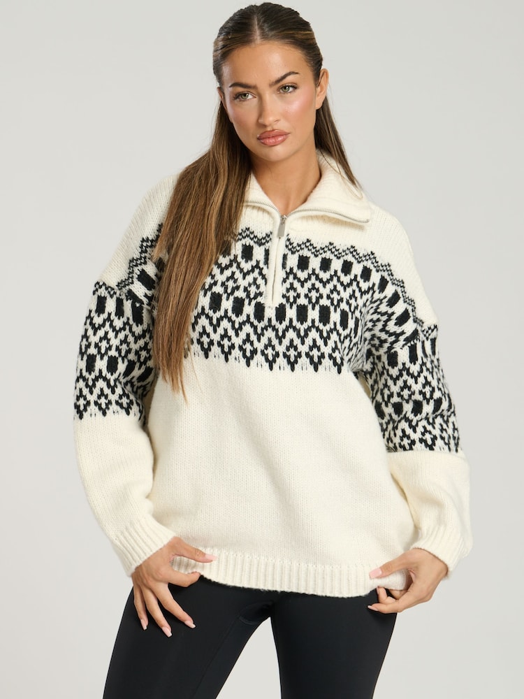 South Beach Cream Fairisle Pattern Half Zip Jumper - Image 2 of 6 South Beach Cream Fairisle Pattern Half Zip Jumper - Image 2 of 6