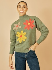 Yumi Green Knitted High Neck Jumper With Appliqué Flowers - Image 1 of 5
