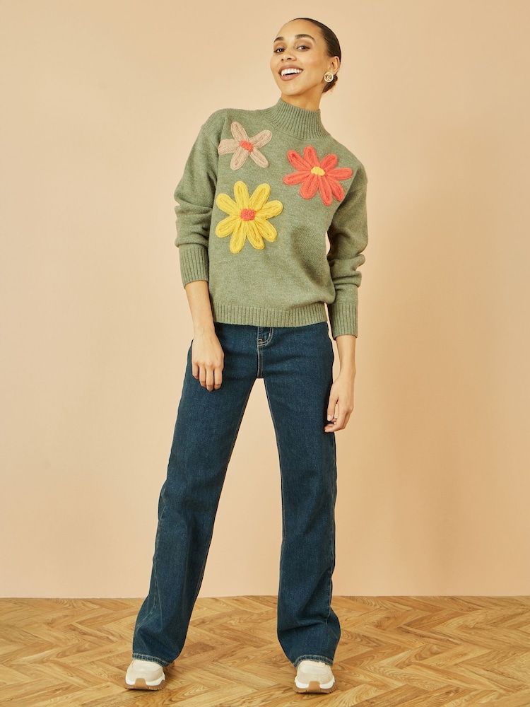 Yumi Green Knitted High Neck Jumper With Appliqué Flowers - Image 2 of 5