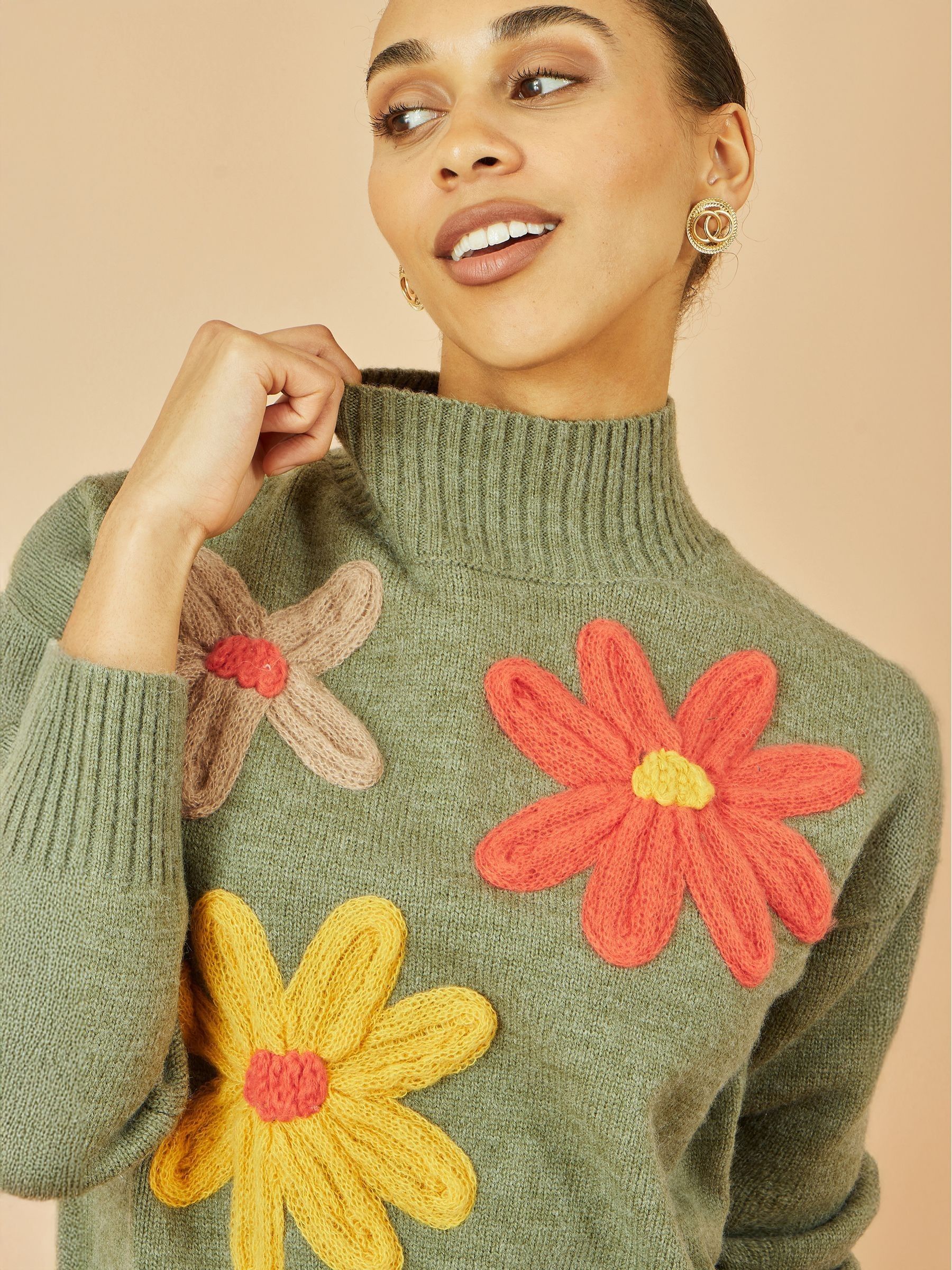Buy Yumi Green Knitted High Neck Jumper With Appliqué Flowers from