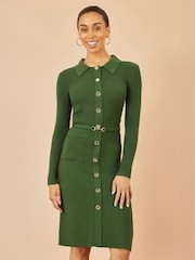 Yumi Green Rib Knit Midi Shirt Dress With Snaffle Belt - Image 1 of 4