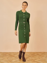 Yumi Green Rib Knit Midi Shirt Dress With Snaffle Belt - Image 2 of 4
