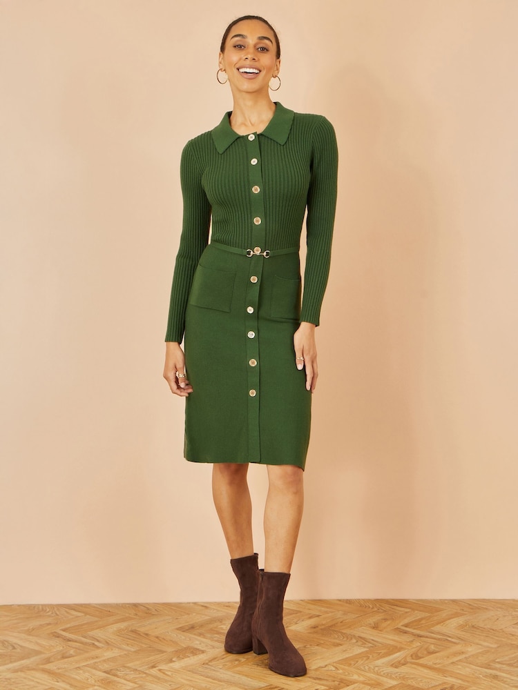 Yumi Green Rib Knit Midi Shirt Dress with Snaffle Belt - Green / L