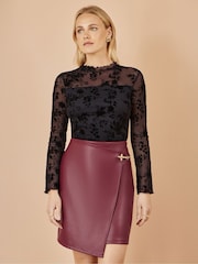 Yumi Black Flocked Floral Stretch Mesh Top With Long Sleeves - Image 1 of 5