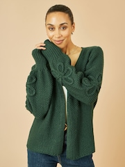 Yumi Green Edge to Edge Cardigan With Flower Detail Sleeves - Image 1 of 5