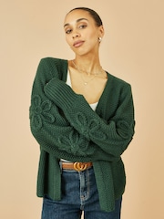 Yumi Green Edge to Edge Cardigan With Flower Detail Sleeves - Image 5 of 5