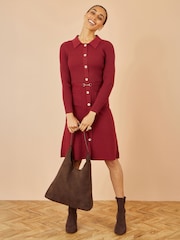 Yumi Red Rib Knit Midi Shirt Dress With Snaffle Belt - Image 1 of 4