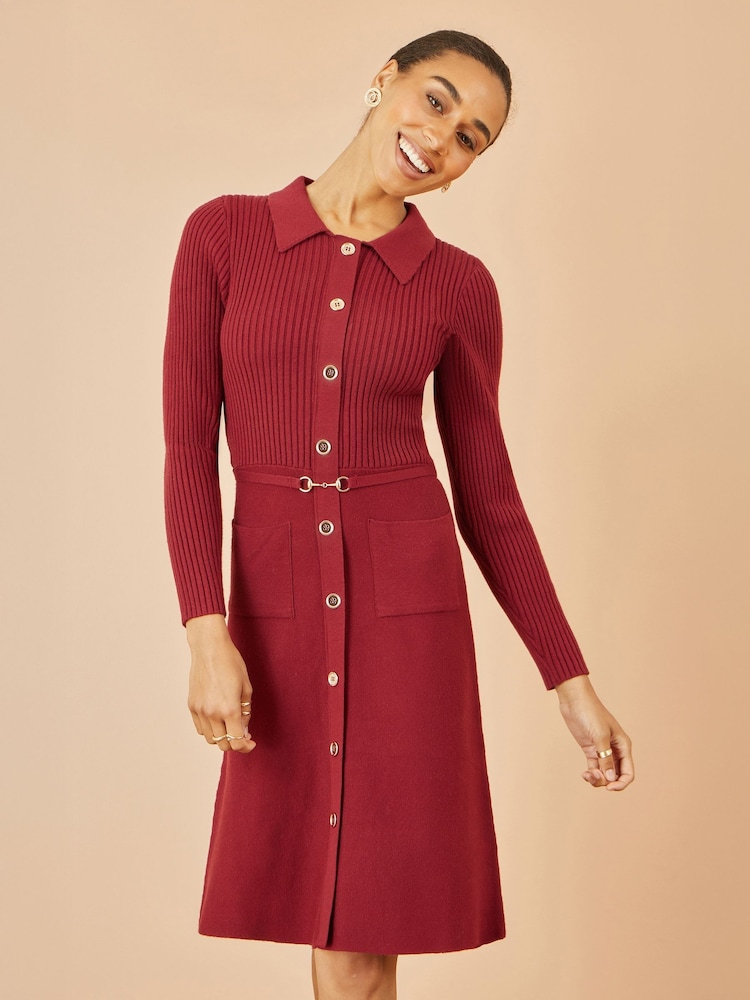 Yumi Red Rib Knit Midi Shirt Dress With Snaffle Belt - Image 2 of 4