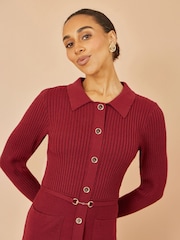 Yumi Red Rib Knit Midi Shirt Dress With Snaffle Belt - Image 3 of 4