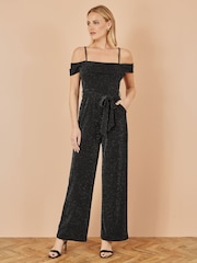 Yumi Black Sparkle Stretch Bardot Jumpsuit - Image 1 of 4