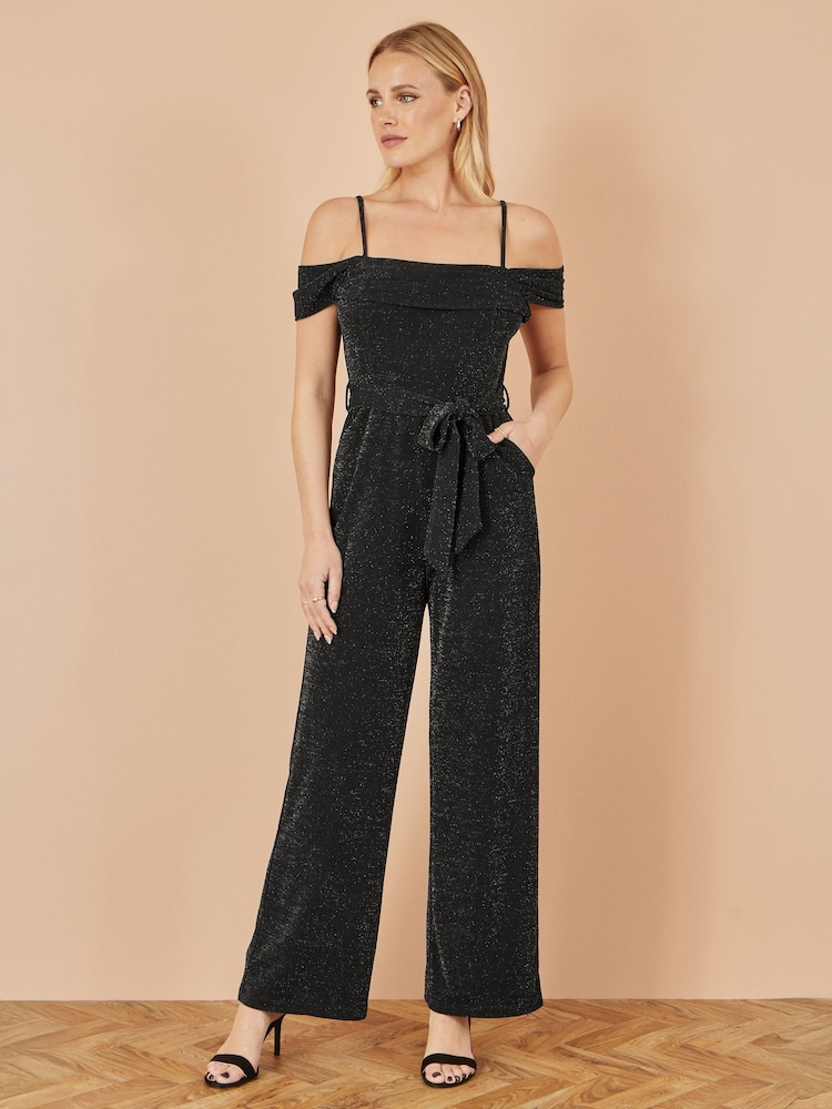 Yumi Black Sparkle Stretch Bardot Jumpsuit - Image 1 of 4 Yumi Black Sparkle Stretch Bardot Jumpsuit - Image 1 of 4