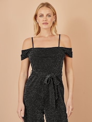 Yumi Black Sparkle Stretch Bardot Jumpsuit - Image 2 of 4
