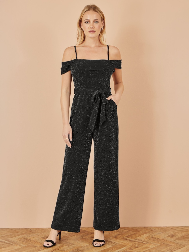 Yumi Black Sparkle Stretch Bardot Jumpsuit - Image 4 of 4 Yumi Black Sparkle Stretch Bardot Jumpsuit - Image 4 of 4