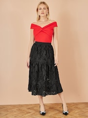Yumi Black Mesh Applique Sequin Midi Skirt - Image 1 of 3