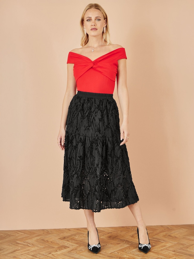 Yumi Black Mesh Applique Sequin Midi Skirt - Image 1 of 3 Yumi Black Mesh Applique Sequin Midi Skirt - Image 1 of 3