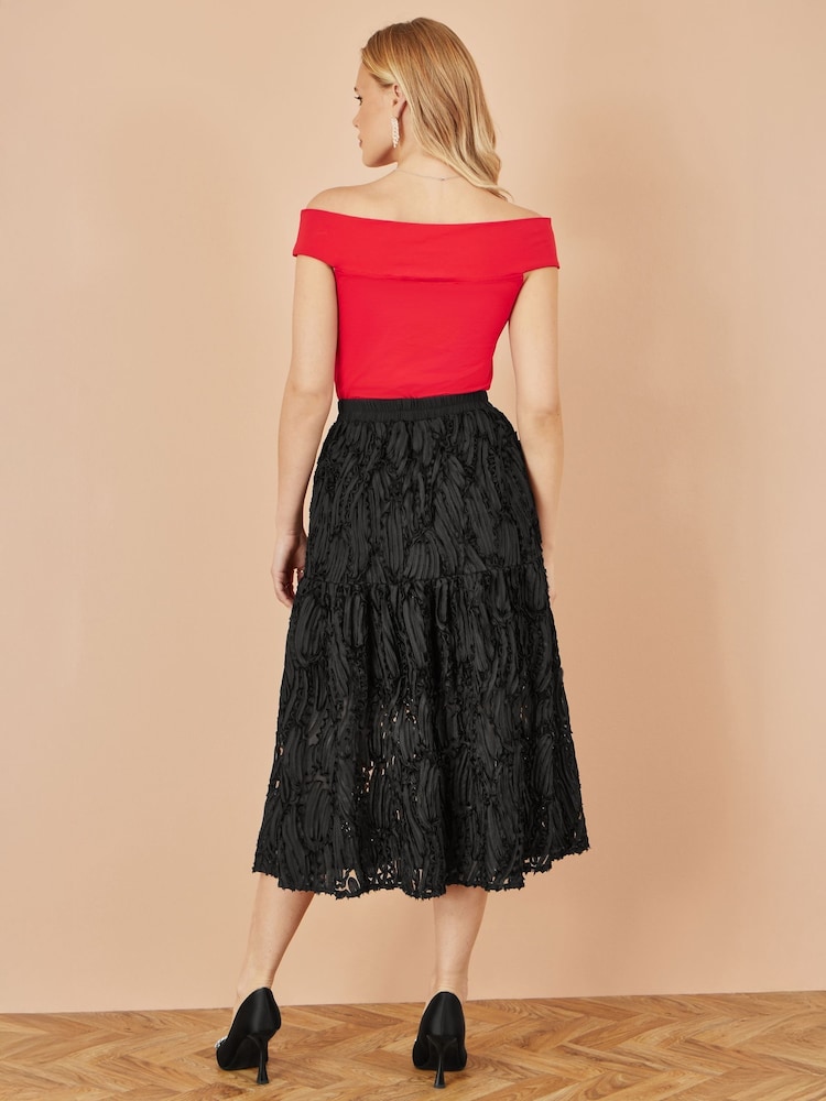 Yumi Black Mesh Applique Sequin Midi Skirt - Image 2 of 3 Yumi Black Mesh Applique Sequin Midi Skirt - Image 2 of 3
