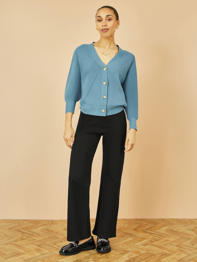 Yumi Blue Relaxed Fit Cardigan With Stitch Detail - Image 1 of 4 Yumi Blue Relaxed Fit Cardigan With Stitch Detail - Image 1 of 4