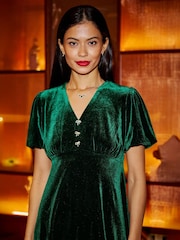 Yumi Green Velvet Skater Dress With Dimante Bow Detail - Image 3 of 5