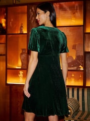 Yumi Green Velvet Skater Dress With Dimante Bow Detail - Image 5 of 5
