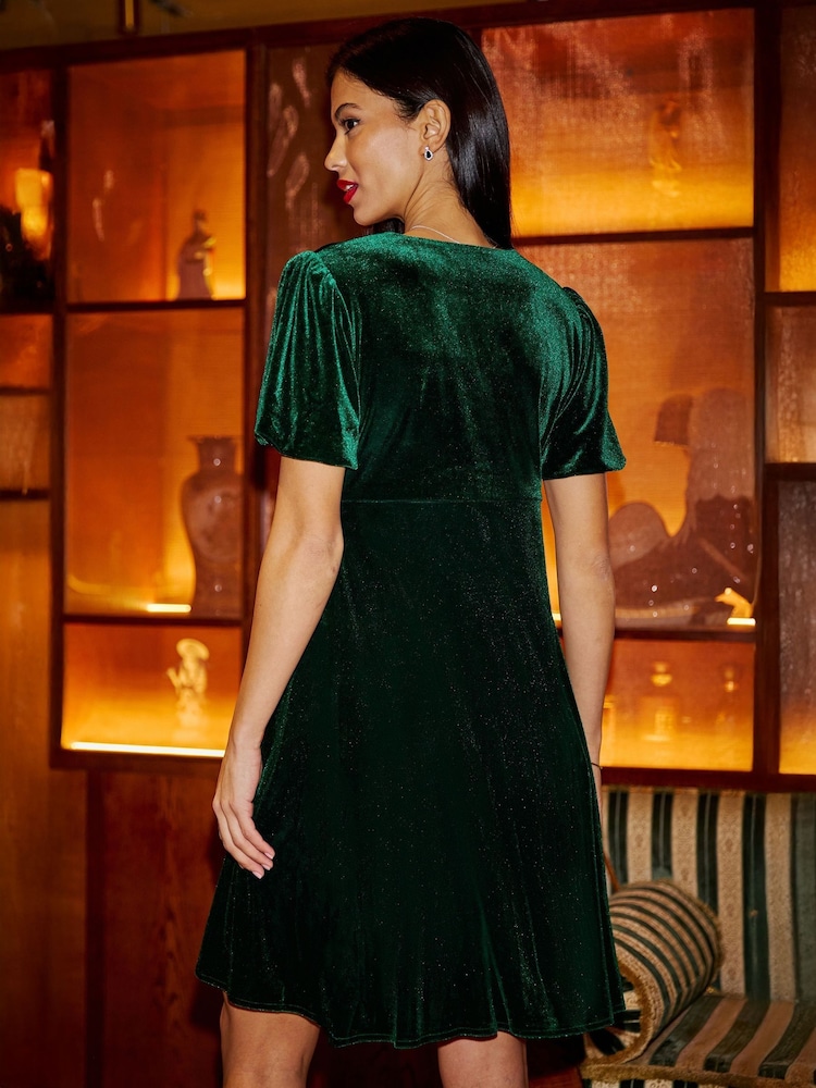 Yumi Green Velvet Skater Dress With Dimante Bow Detail - Image 5 of 5