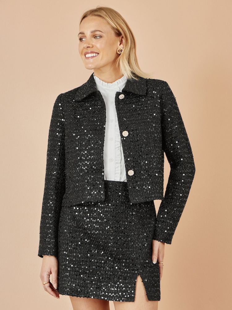 Yumi Black Boucle Sequin Jacket With Pearl Buttons - Image 1 of 5 Yumi Black Boucle Sequin Jacket With Pearl Buttons - Image 1 of 5