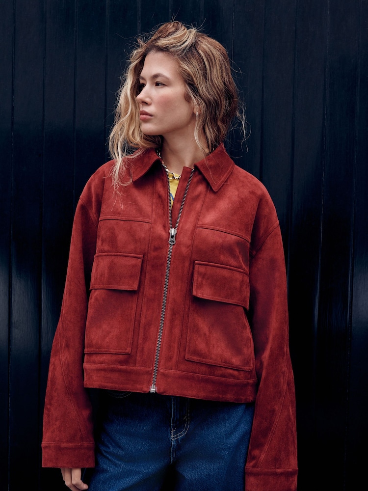 Rust Brown Faux Suede Zip Through Jacket - Image 1 of 8