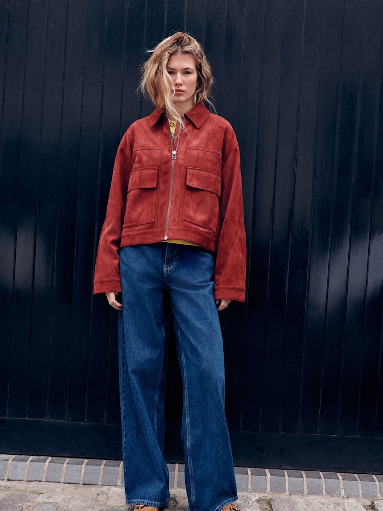 Rust Brown Faux Suede Zip Through Jacket - Image 2 of 8