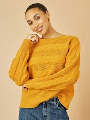 Yumi Yellow Cable Knit Relaxed Fit Jumper - Image 1 of 5