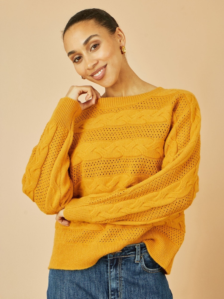 Yumi Yellow Cable Knit Relaxed Fit Jumper - Image 1 of 5