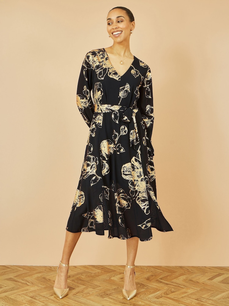 Yumi Black Foil Rose Print Midi Dress - Image 1 of 5 Yumi Black Foil Rose Print Midi Dress - Image 1 of 5