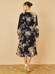 Yumi Black Foil Rose Print Midi Dress - Image 2 of 5