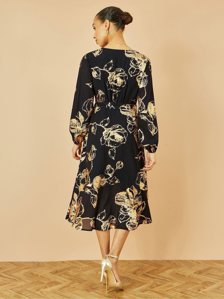 Yumi Black Foil Rose Print Midi Dress - Image 2 of 5 Yumi Black Foil Rose Print Midi Dress - Image 2 of 5