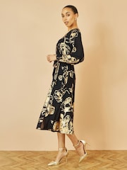 Yumi Black Foil Rose Print Midi Dress - Image 3 of 5