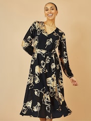 Yumi Black Foil Rose Print Midi Dress - Image 4 of 5