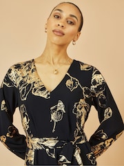 Yumi Black Foil Rose Print Midi Dress - Image 5 of 5
