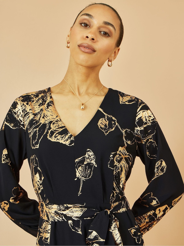 Yumi Black Foil Rose Print Midi Dress - Image 5 of 5 Yumi Black Foil Rose Print Midi Dress - Image 5 of 5