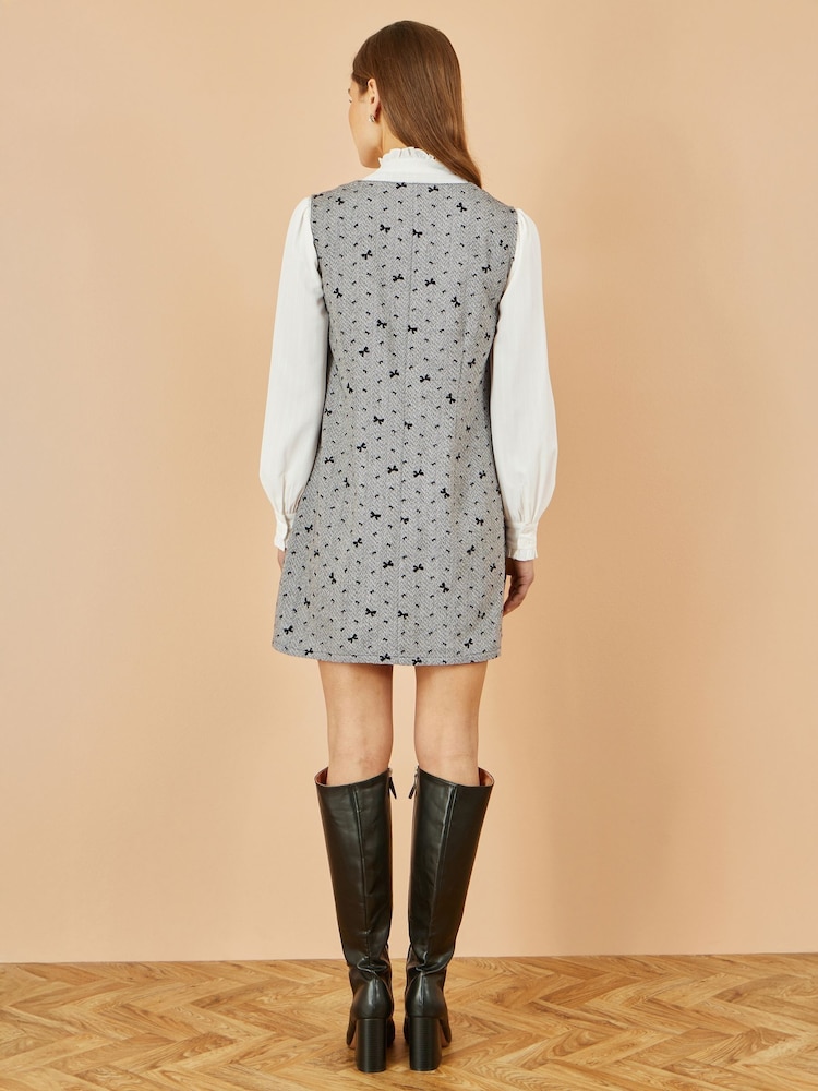 Yumi Grey Bow Print Pinafore Dress With Button Up - Image 2 of 4 Yumi Grey Bow Print Pinafore Dress With Button Up - Image 2 of 4